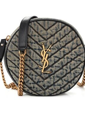 Saint Laurent Denim Chevron Round Crossbody with Gold Hardware